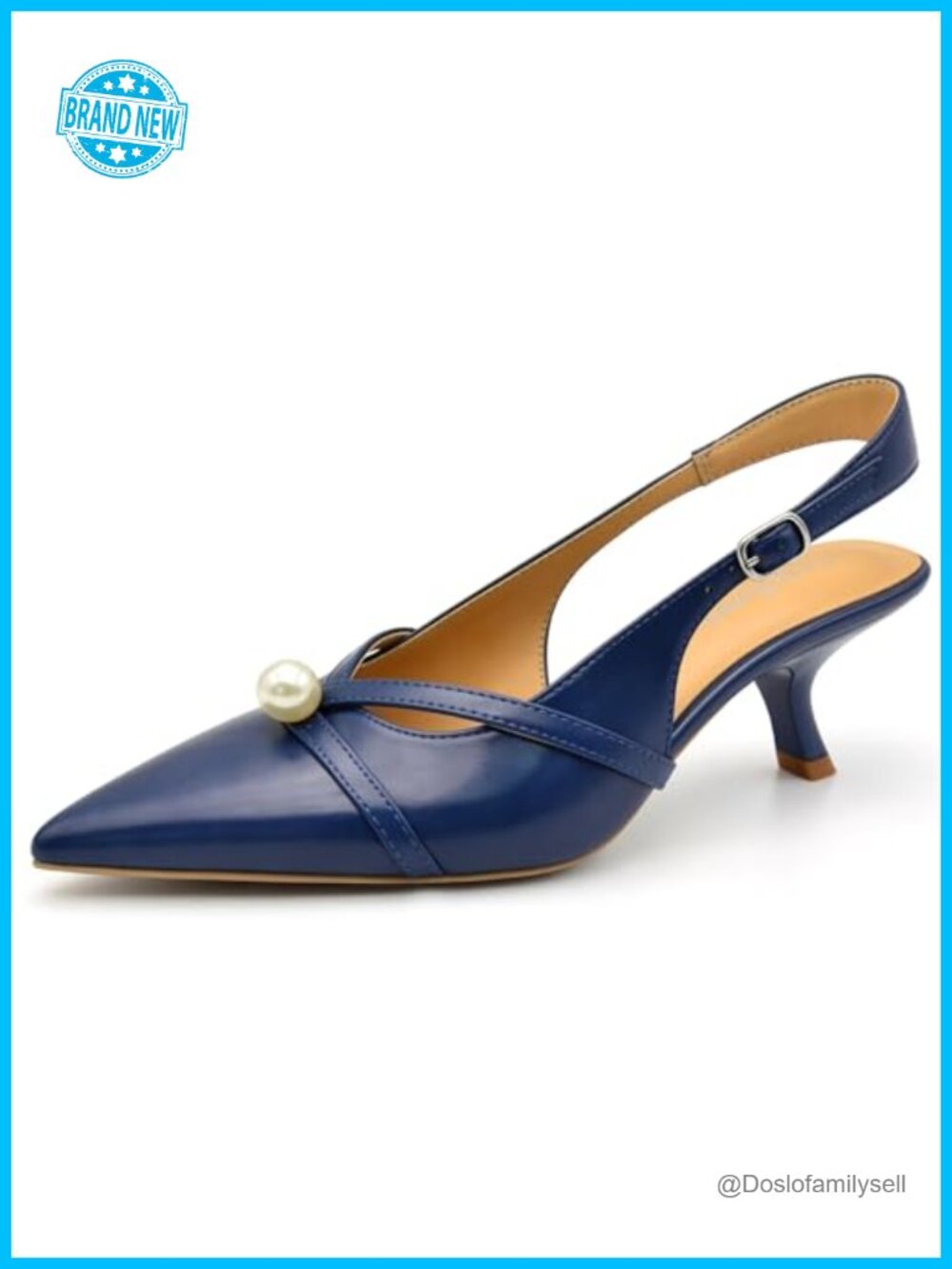 Slingback Kitten Heel Pumps Pointed Toe Pearl Cross Strap Dressy